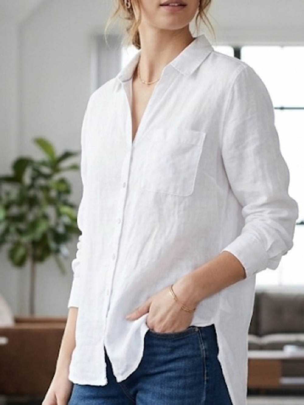 C&C California White 100% Linen Long Sleeve High-Low Button Up Top Size Medium